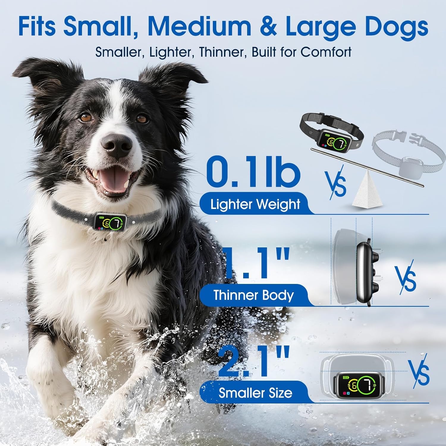 1S Stop Barking Smart Dog Bark Collar, Humane anti Barking Device with Beep & Vibration, 7 Adjustable Sensitivity, Ultra-Light Bark Collar for Small Medium Large Dogs IP67 Waterproof Indoor Outdoor