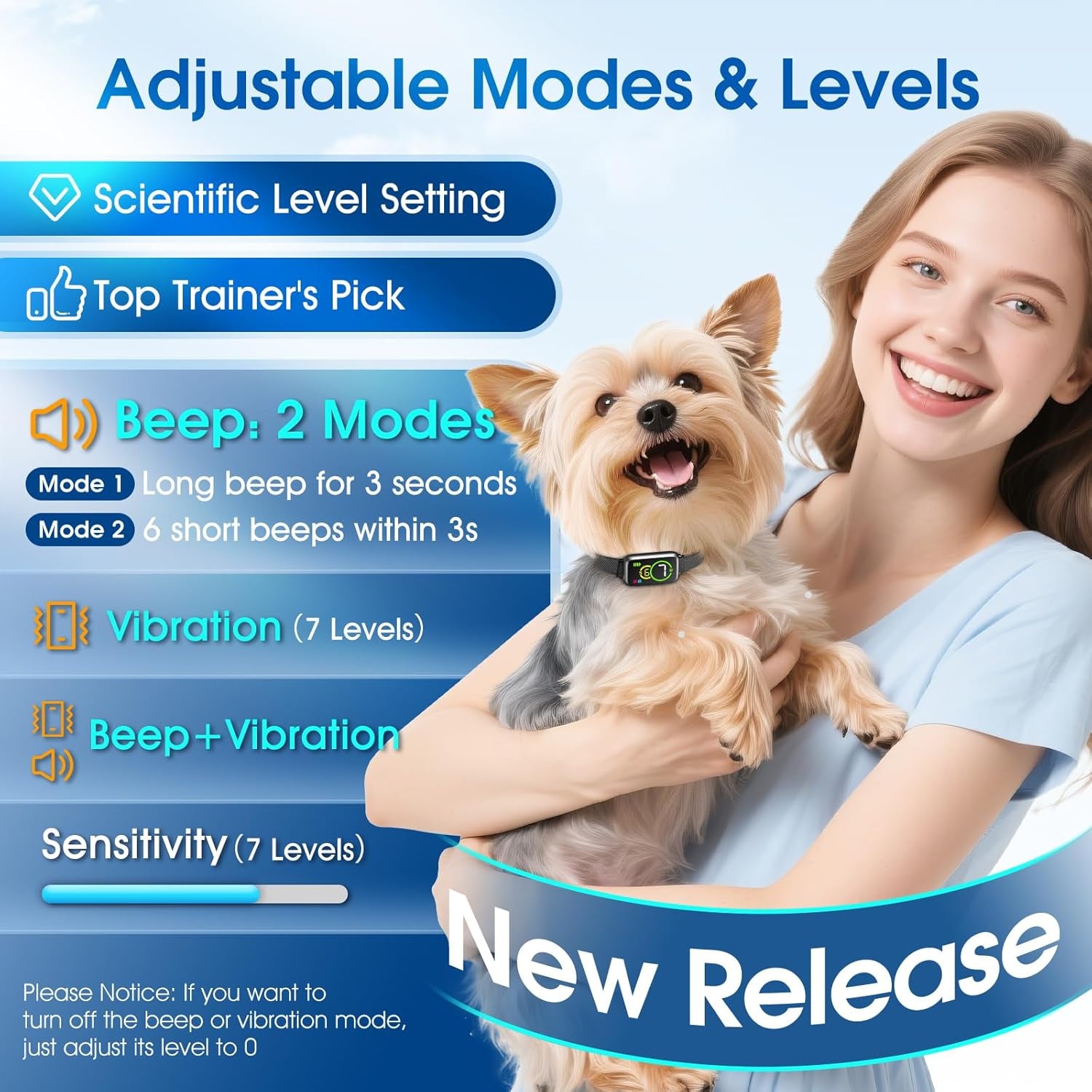 1S Stop Barking Smart Dog Bark Collar, Humane anti Barking Device with Beep & Vibration, 7 Adjustable Sensitivity, Ultra-Light Bark Collar for Small Medium Large Dogs IP67 Waterproof Indoor Outdoor