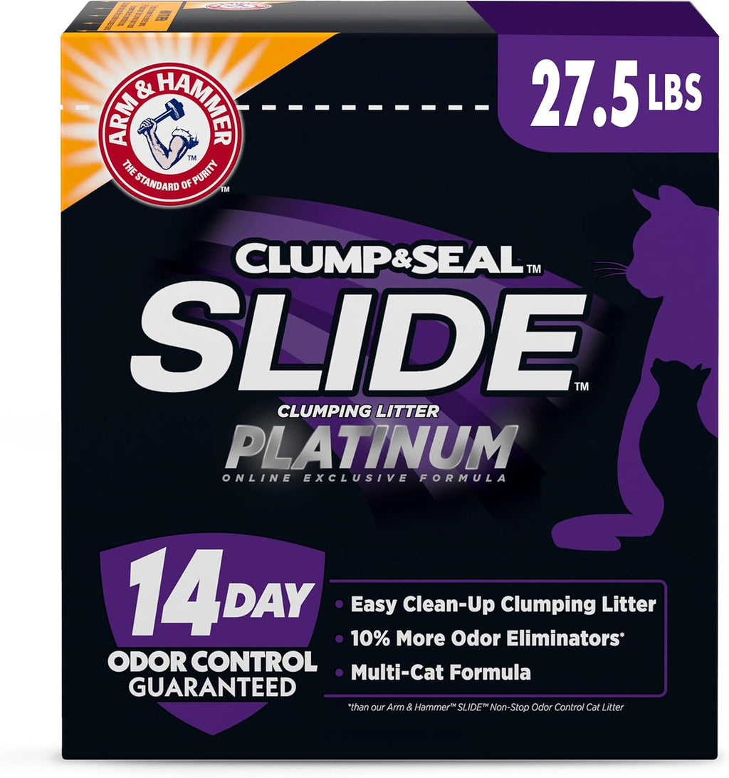 Clump & Seal Slide Platinum Multi-Cat Clumping Cat Litter, 14-Day Odor Control, EZ Clean Technology, 27.5 Lbs – No Scrubbing, Powerful Odor Eliminator
