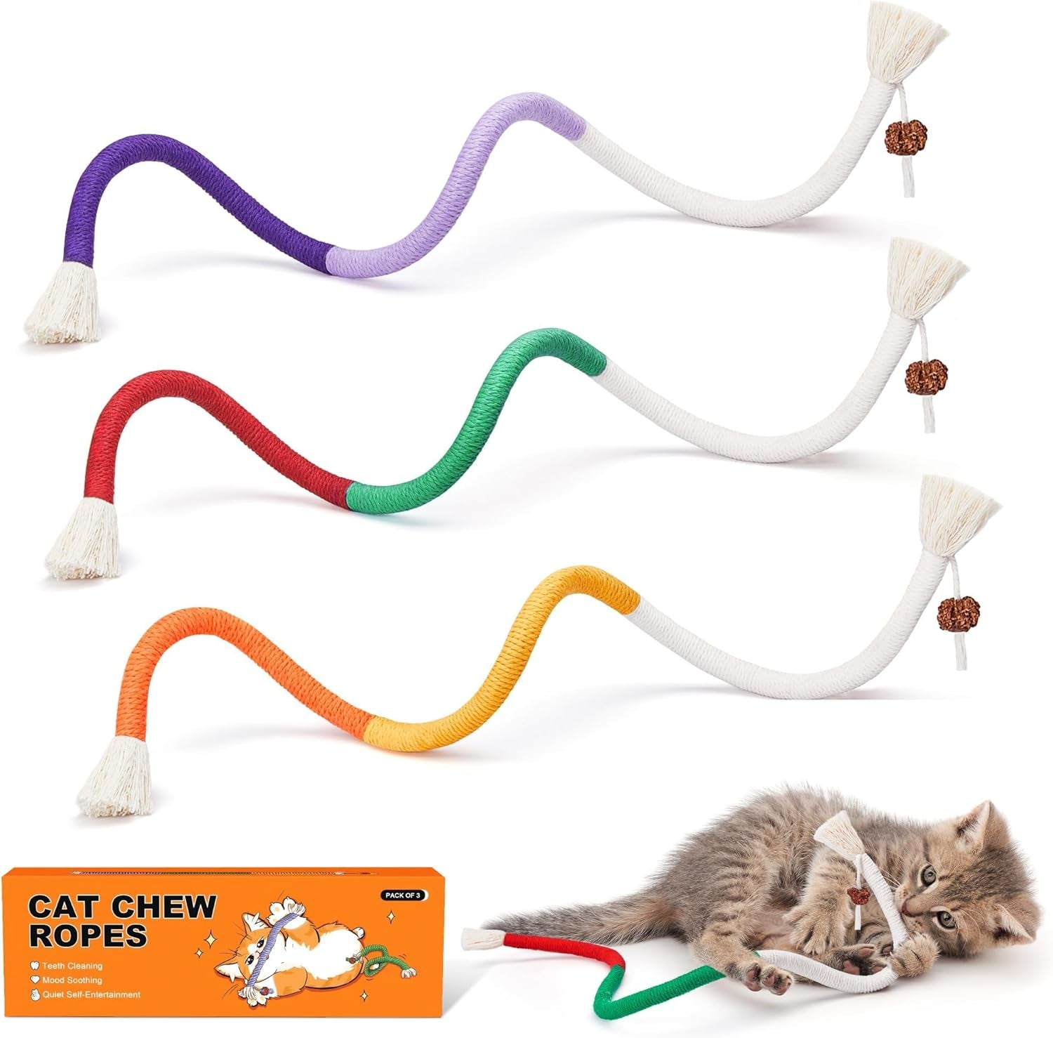 Cat Toys Chew Ropes 3Pcs with Refillable Natural Catnip, Safe Teeth Cleaning Toy for Indoor Kittens, Interactive Cat Nip Kitty Toys for All Breeds 19.5 Inches
