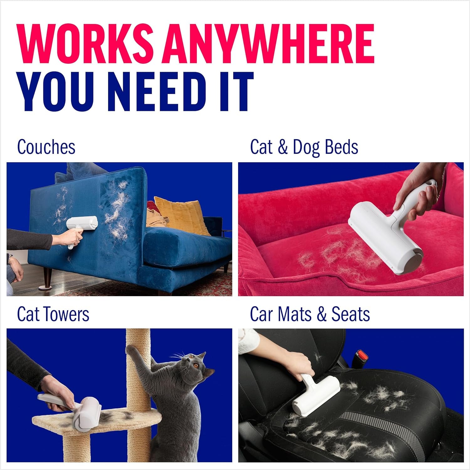 Pet Hair Remover – Original Size Reusable Lint Roller for Cat & Dog Hair on Furniture, Couch, Carpet, Car, Rugs & Bedding – Portable, Eco-Friendly (White)